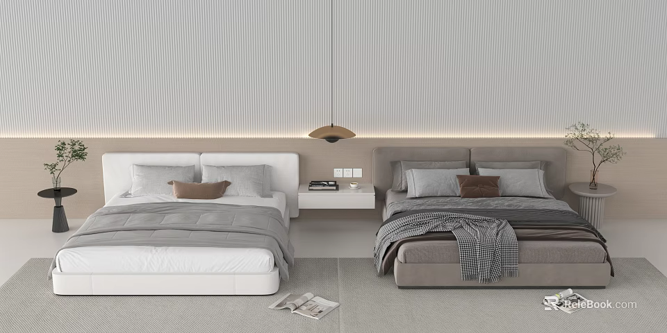 Modern Contemporary Double Bed With Gray White Bedding Nightstand And Pendant Light 3d model