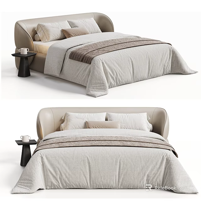 Modern Minimalist Double Bed With Upholstered Headboard Small Nightstand And Light Colored Bedding 3d model 