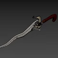 Ornate Fantasy Weapon With Golden Carved Designs Red Glowing Skull On Blade And Brown Handle