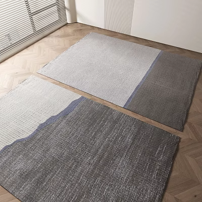 Modern Square Rugs With Gray White Blue Trim Textured Woven On Herringbone Wooden Floor 3d model