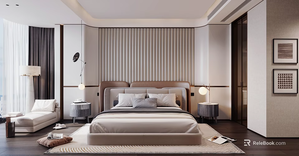 Modern Elegant Bedroom With Large Bed Tufted Panel Wall Nightstands Table Lamps And Rug 3d model 