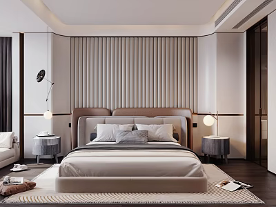 Modern Elegant Bedroom With Large Bed Tufted Panel Wall Nightstands Table Lamps And Rug 3d model
