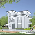 Modern Two Storey Detached Villa With Large Windows Balconies Green Trees Lawn And Outdoor Seating