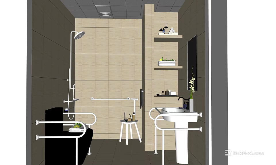 Public Toilet Interior With Beige Tiled Walls Grab Bars Sink Mirror Shelves And Stool 3d model 