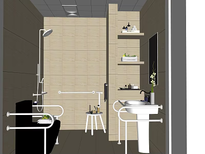 Public Toilet Interior With Beige Tiled Walls Grab Bars Sink Mirror Shelves And Stool 3d model