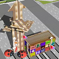Spiritual Fortress Landmark With Tall Arrow Structure Colorful Cube Base Palm Trees And City Skyline