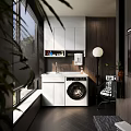 Home Balcony Laundry Space With White Cabinets Sink Washing Machine And Black Blinds
