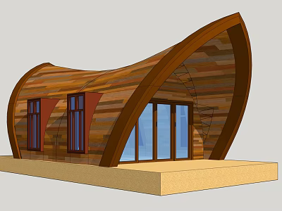 Unique Modern Curved Wooden Building With Large Windows And Platform Base 3d model