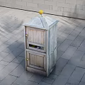 Wooden Commercial Mailbox Equipment with Pitched Roof and Yellow Spherical Top Against Gray Brick Wall