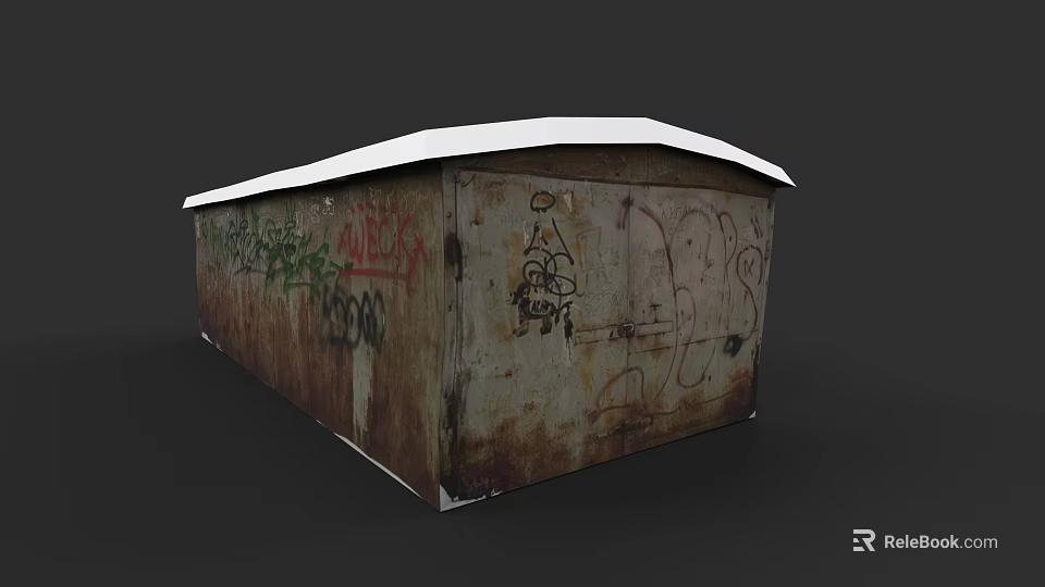 Garden Landscape With Rusty Shed Covered In Green Red Graffiti And Aged Metal 3d model 