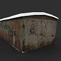 Garden Landscape With Rusty Shed Covered In Green Red Graffiti And Aged Metal
