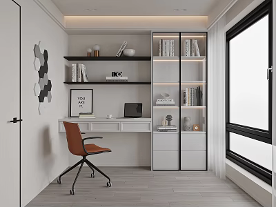 Modern Study Room Interior With Bookshelves Writing Desk Orange Chair Wall Art And Natural Light 3d model