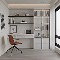 Modern Study Room Interior With Bookshelves Writing Desk Orange Chair Wall Art And Natural Light