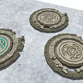 Ancient Stone Mythical Beast Reliefs With Circular Patterns And Green Plants 3d model
