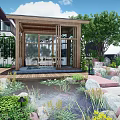 Sunlit Garden With Fire Pit Pond Wooden Deck Rocks Lush Plants And Trees