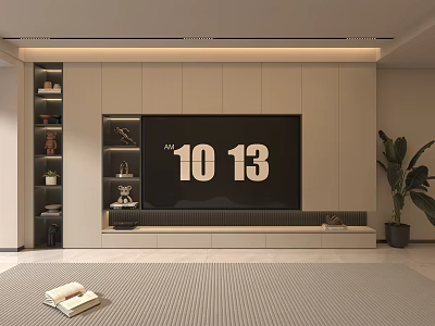 Modern Living Room Interior With TV Wall White Cabinets Green Plant And Striped Rug 3d model