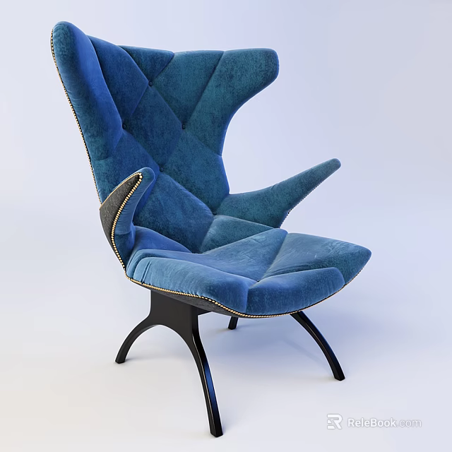 Modern Blue Velvet Leisure Chair With High Backrest Armrests And Curved Black Legs 3d model 
