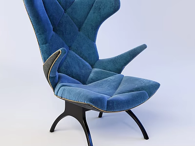 Modern Blue Velvet Leisure Chair With High Backrest Armrests And Curved Black Legs 3d model