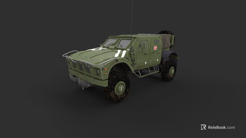 Green Military Armored Tank With Large Tires White Stripes And Top Mounted Antenna Equipment 3d model 