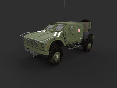 Green Military Armored Tank With Large Tires White Stripes And Top Mounted Antenna Equipment 3d model