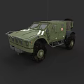 Green Military Armored Tank With Large Tires White Stripes And Top Mounted Antenna Equipment