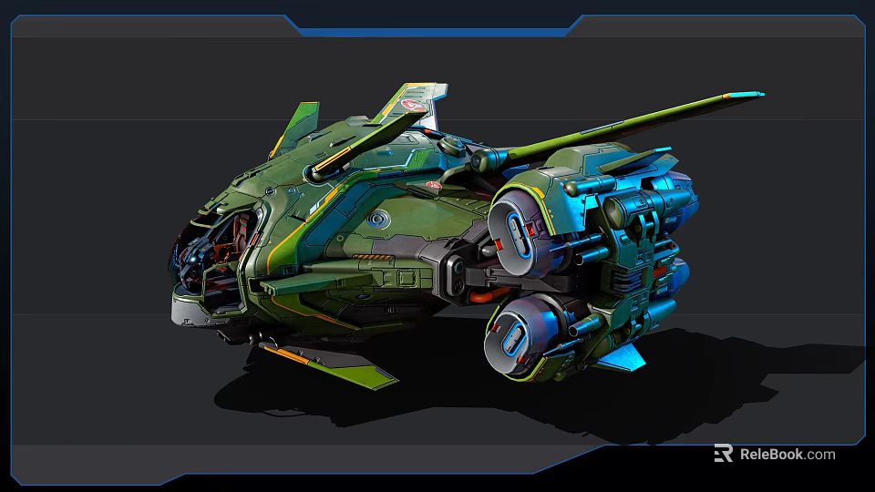 Futuristic Fighter Jet With Green And Blue Color Advanced Mechanical Engines And Aerodynamic Wings 3d model 