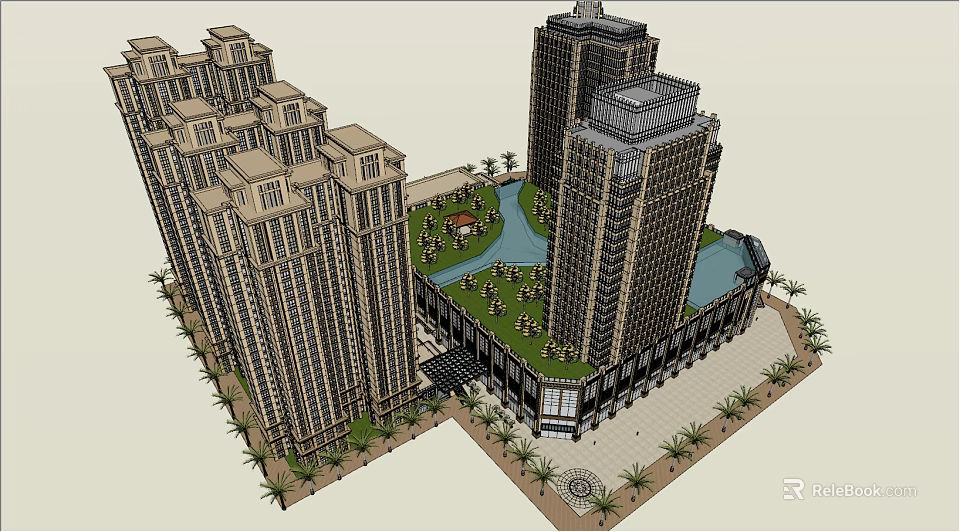 Modern High Rise Building Complex With Green Plaza And Landscape Design 3d model 