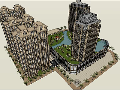 Modern High Rise Building Complex With Green Plaza And Landscape Design 3d model