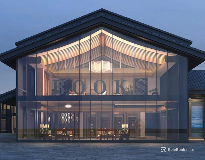 Elegant Modern Chinese Architecture With Glass Curtain Wall Black Tiled Roof And Illuminated Interior Books 3d model 