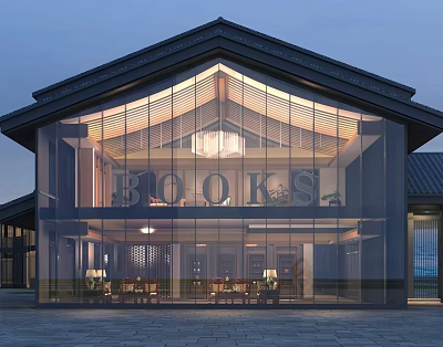 Elegant Modern Chinese Architecture With Glass Curtain Wall Black Tiled Roof And Illuminated Interior Books 3d model