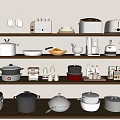 Dinnerware Set with Various Kitchen Items on Wooden Shelves and Appliances