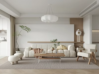 Living Room Interior With Beige Sofa Wooden Coffee Table White Pendant Light and Green Plants 3d model