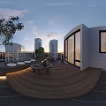 Serene Urban Rooftop Garden with Wooden Deck Leisure Seating and Lush Green Plants