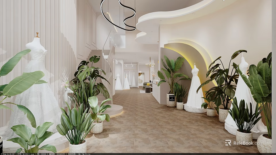 Light Luxury Clothing Store Interior With Elegant Mannequins Green Plants And Soft Lighting 3d model 