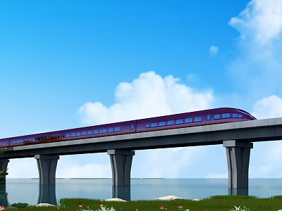 Purple high speed train moving on elevated bridge with blue sky white clouds water grass 3d model