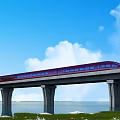 Purple high speed train moving on elevated bridge with blue sky white clouds water grass 3d model