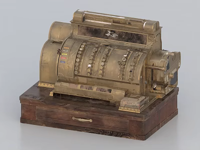Vintage Commercial Equipment Brass Cash Register With Wooden Base And Buttons 3d model