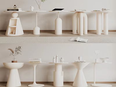 Modern White Minimalist Side Tables for Living Room with Decorative Items and Sleek Design 3d model