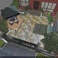 Modern Garden Landscape with Iron Gate Green Trees Outdoor Seating and Stone Pavement