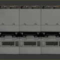 Grey Metal Control Consoles with Three Screens Buttons and Keyboards in Long Strip Design