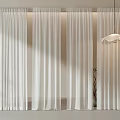 White Long Sheer Curtains In Modern Indoor Space With Pendant Light And Green Plant