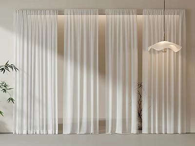 White Long Sheer Curtains In Modern Indoor Space With Pendant Light And Green Plant 3d model