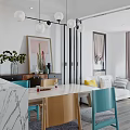 Modern Open Kitchen Dining Room Interior With Marble Island Wooden Cabinets And Dining Table