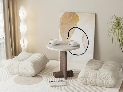 Cozy Living Corner With Poufs Round Side Table Tea Cups And Floor Lamp 3d model
