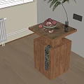 Wooden Side Table Square Top With Pomegranate Bowl Scattered Pomegranates Glass Vase And Decorative Stones