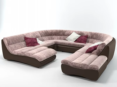 Pink and Brown Upholstered Sectional Multi Seater Sofa with Red and White Decorative Pillows 3d model