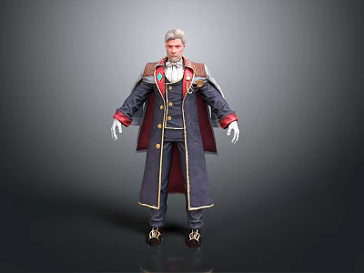 Man with White Hair in Long Dark Blue Coat Red Accents Gold Buttons White Gloves 3d model