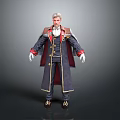 Man with White Hair in Long Dark Blue Coat Red Accents Gold Buttons White Gloves