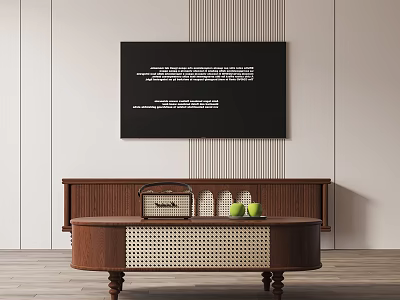 Wooden TV Stand With Rattan Panel Vintage Radio And Green Apples On Light Striped Wall 3d model