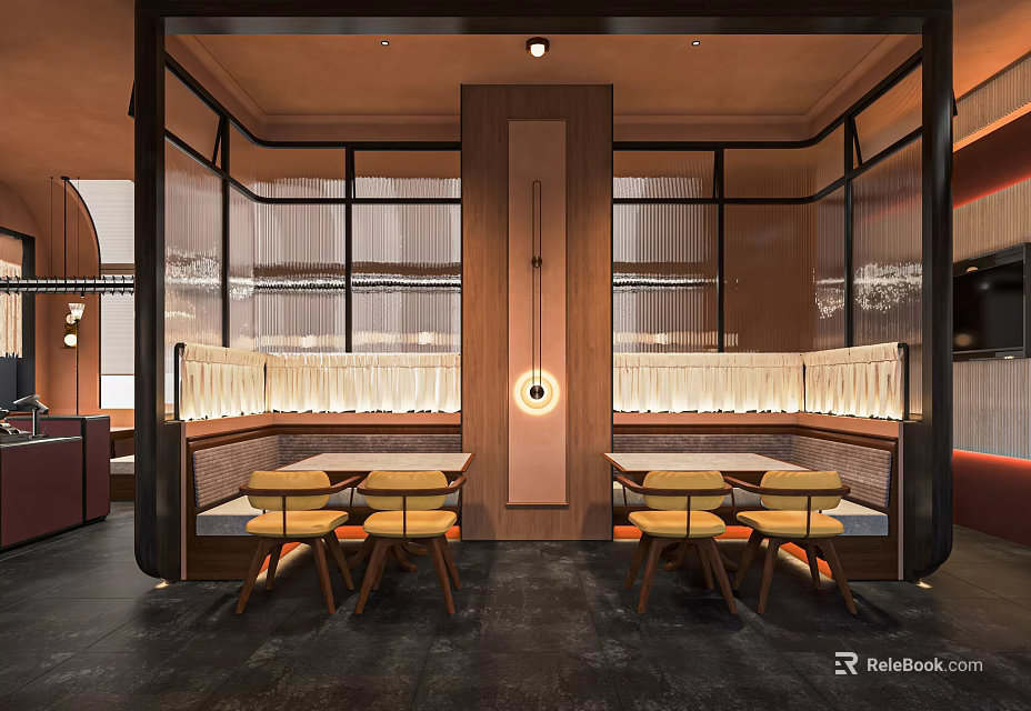 Modern Hot Pot Restaurant Interior Design With Comfortable Seating Wooden Decor And Warm Lighting 3d model 